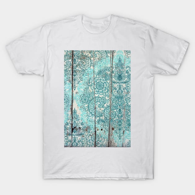 Teal & Aqua Botanical Doodle on Weathered Wood T-Shirt by micklyn